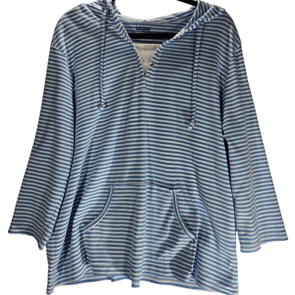 Basic Editions Blue White Striped Hoodie Snap Neck Kangaroo Pocket XL
